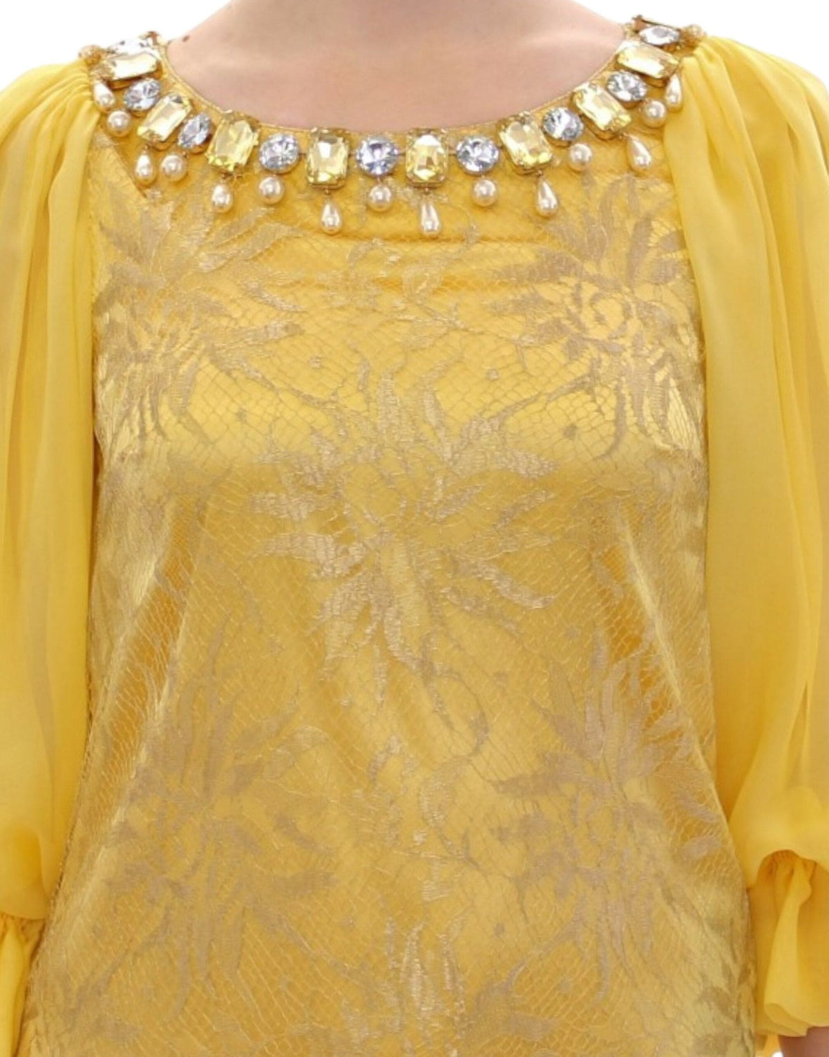 Minivestido de encaje amarillo adornado con cristales de Dolce &amp; Gabbana