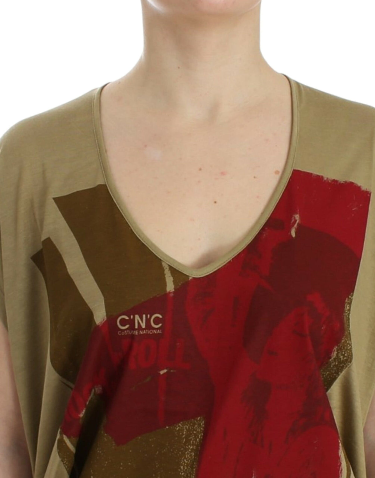 Camiseta con cuello en V y estampado multicolor de estilo nacional chic