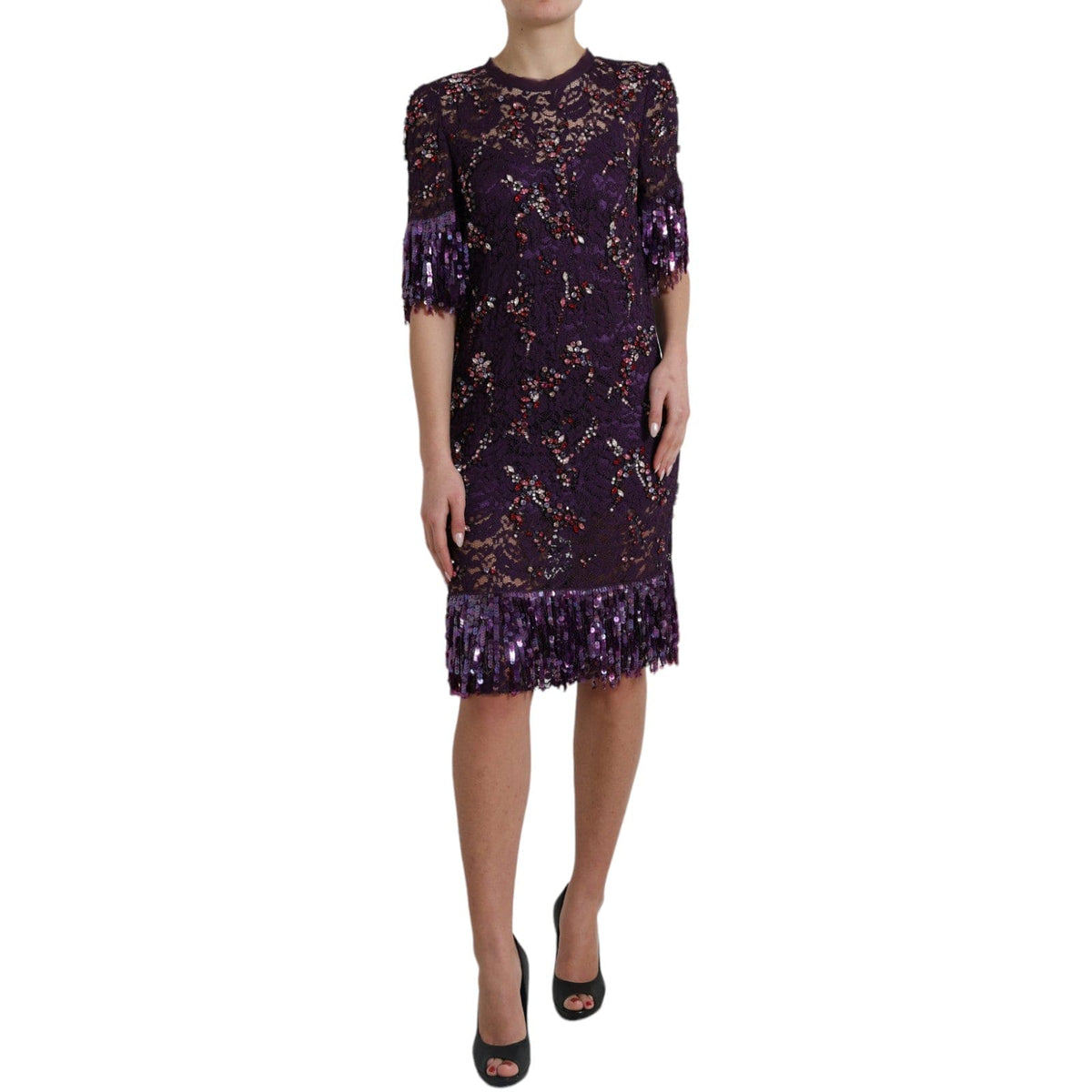 Robe élégante en dentelle florale violette et cristaux Dolce &amp; Gabbana