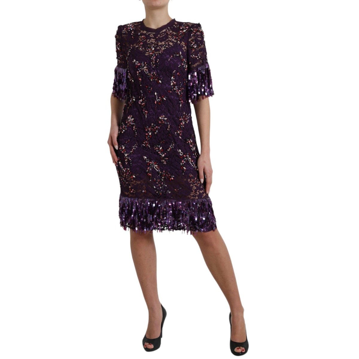 Robe élégante en dentelle florale violette et cristaux Dolce &amp; Gabbana