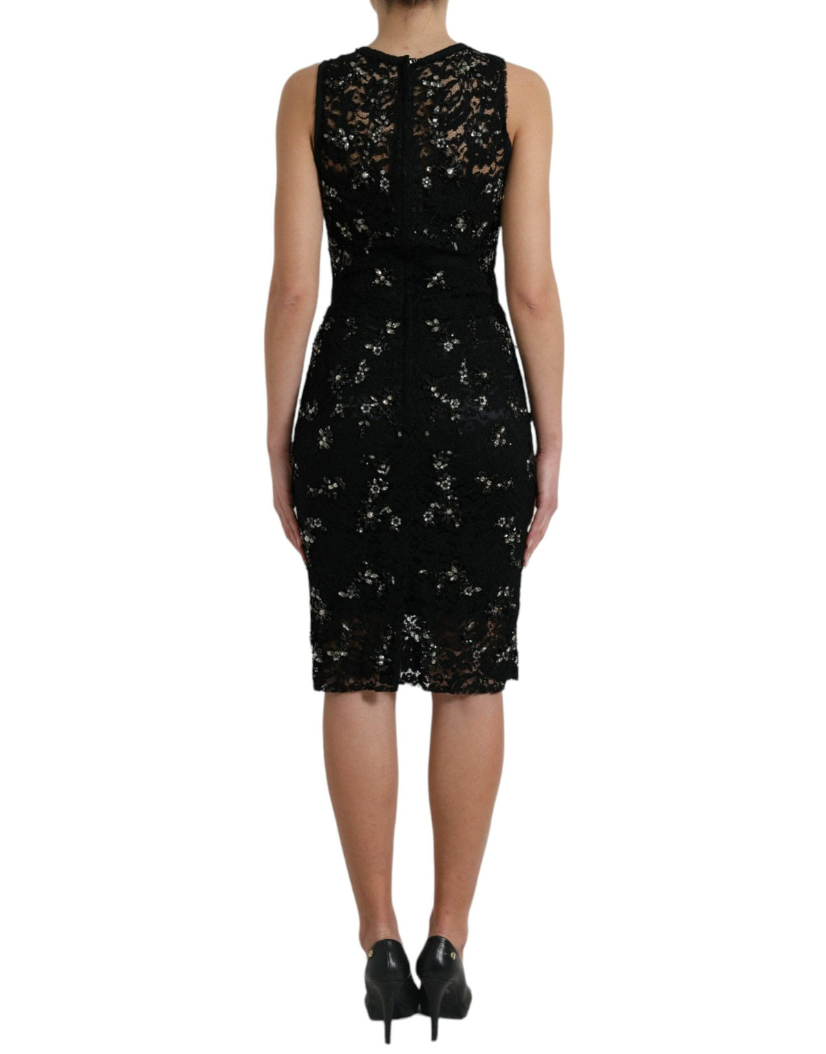 Robe fourreau en dentelle florale noire et cristaux Dolce &amp; Gabbana