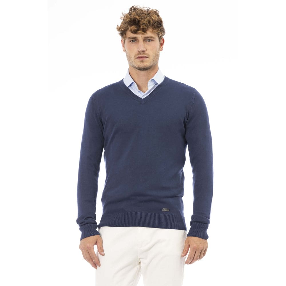 Pull côtelé bleu élégant à col en V tendance Baldinini