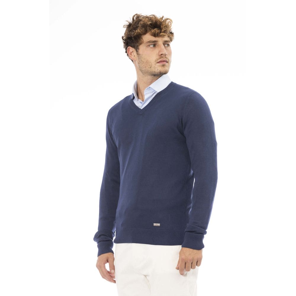 Pull côtelé bleu élégant à col en V tendance Baldinini