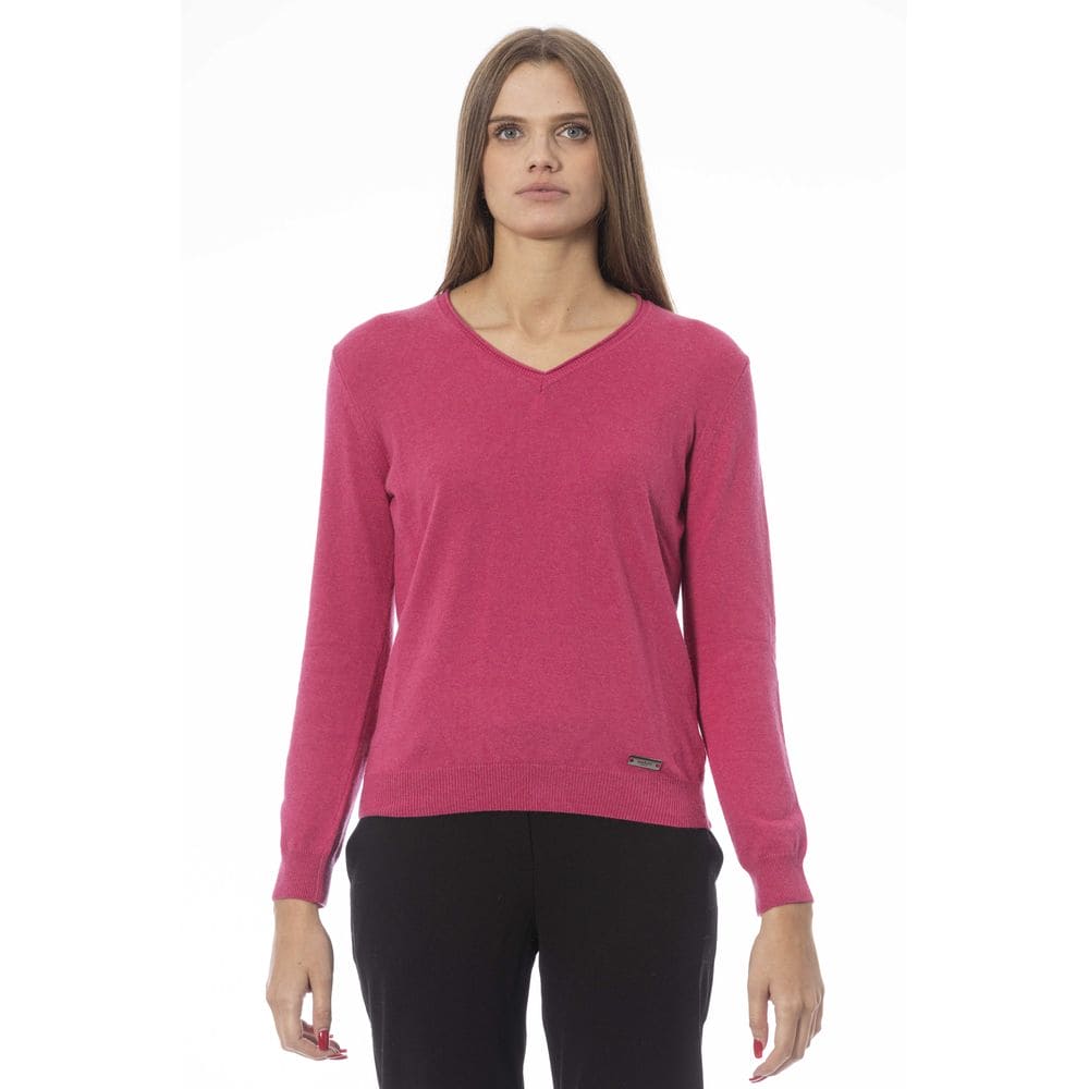 Pull en cachemire côtelé à col en V fuchsia Baldinini Trend