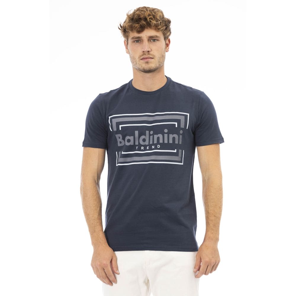 Camiseta elegante de algodón azul con estampado elegante en el frente de Baldinini Trend