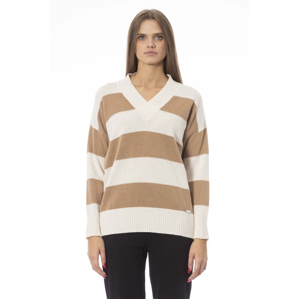 Pull col V beige élégant tendance Baldinini