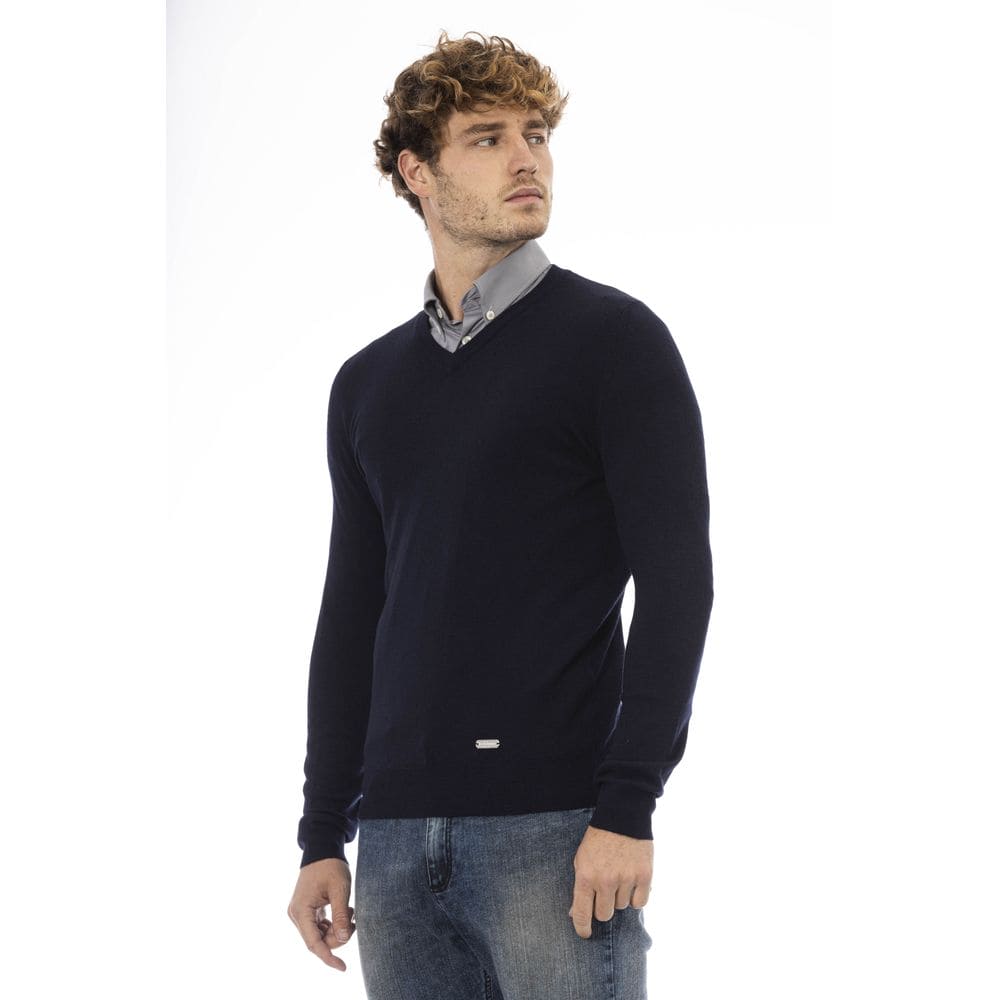 Pull élégant en laine mélangée à col en V bleu Baldinini Trend