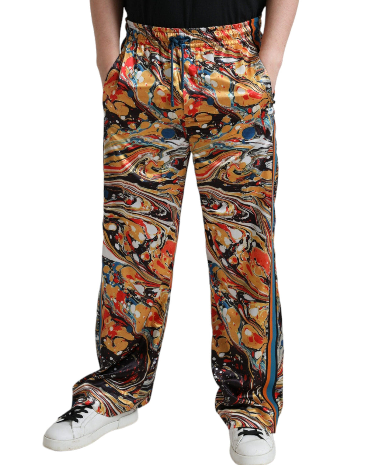 Pantalon de survêtement élégant en satin Dolce &amp; Gabbana en marbre multicolore