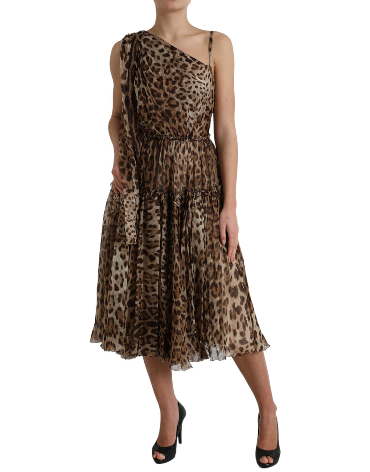 Vestido midi elegante de leopardo con un solo hombro de Dolce &amp; Gabbana