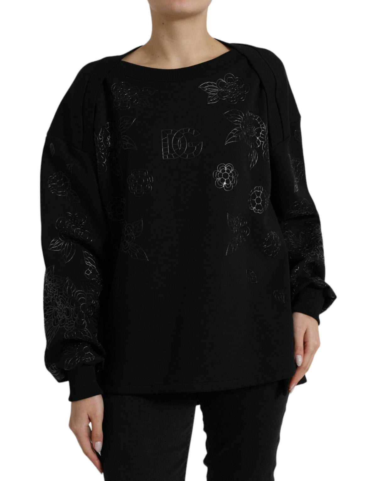 Pull élégant à appliqués floraux noirs Dolce &amp; Gabbana