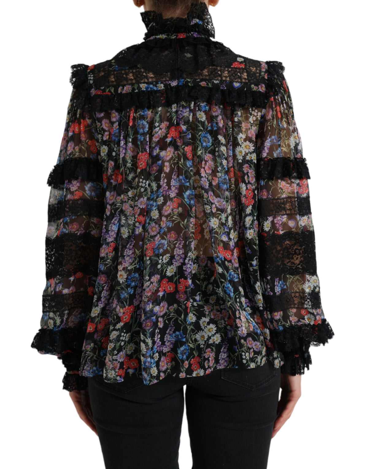 Blusa elegante de seda con estampado floral y ribete de encaje de Dolce &amp; Gabbana