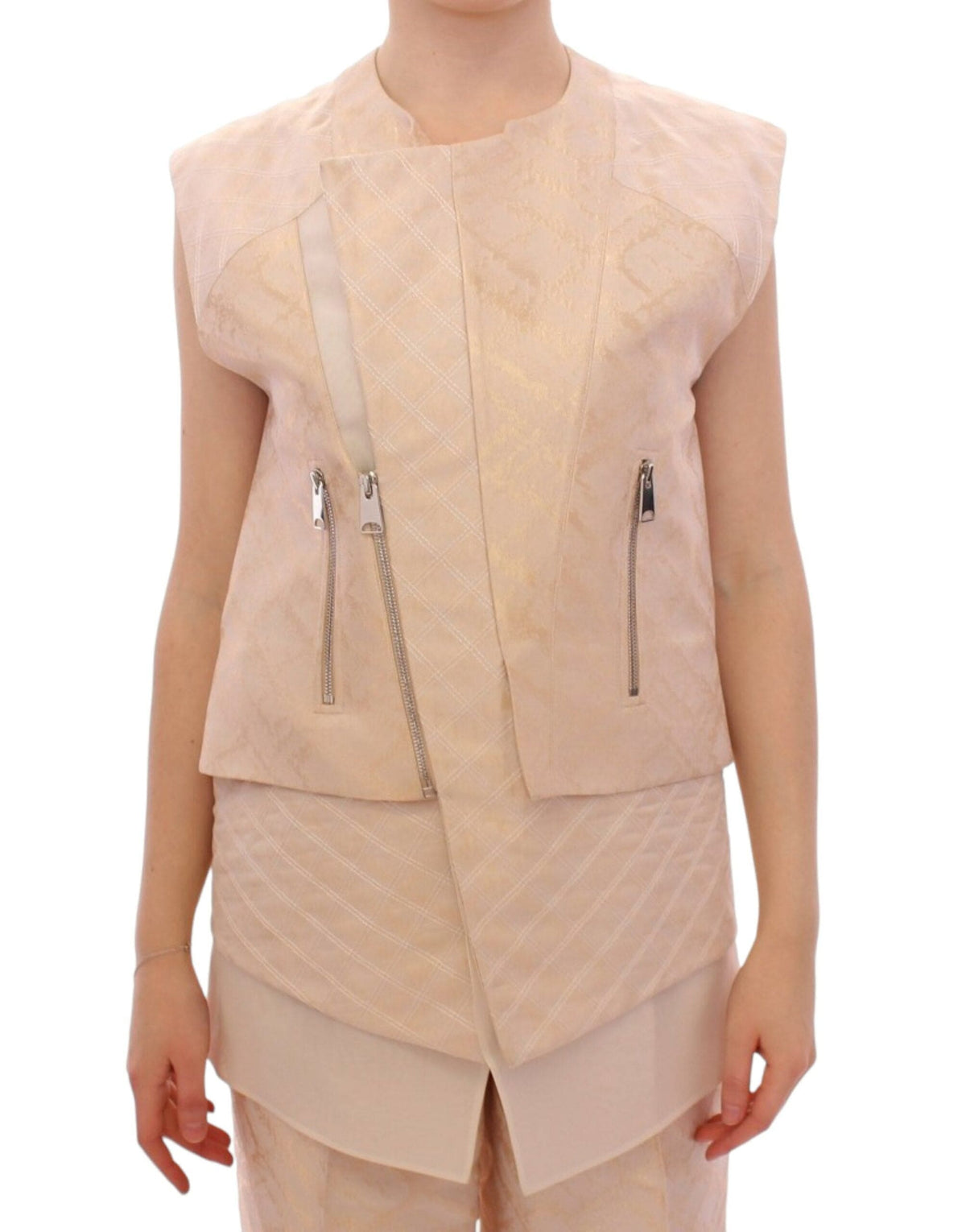 Veste sans manches en brocart beige exquis de Zeyneptosun