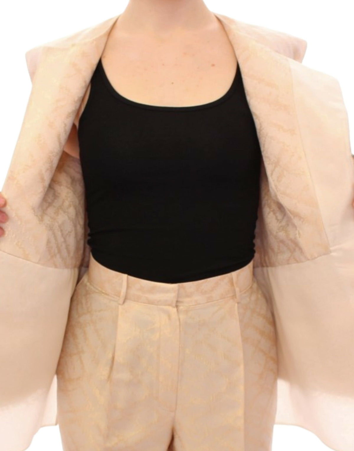 Chaqueta sin mangas con brocado beige exquisito de Zeyneptosun