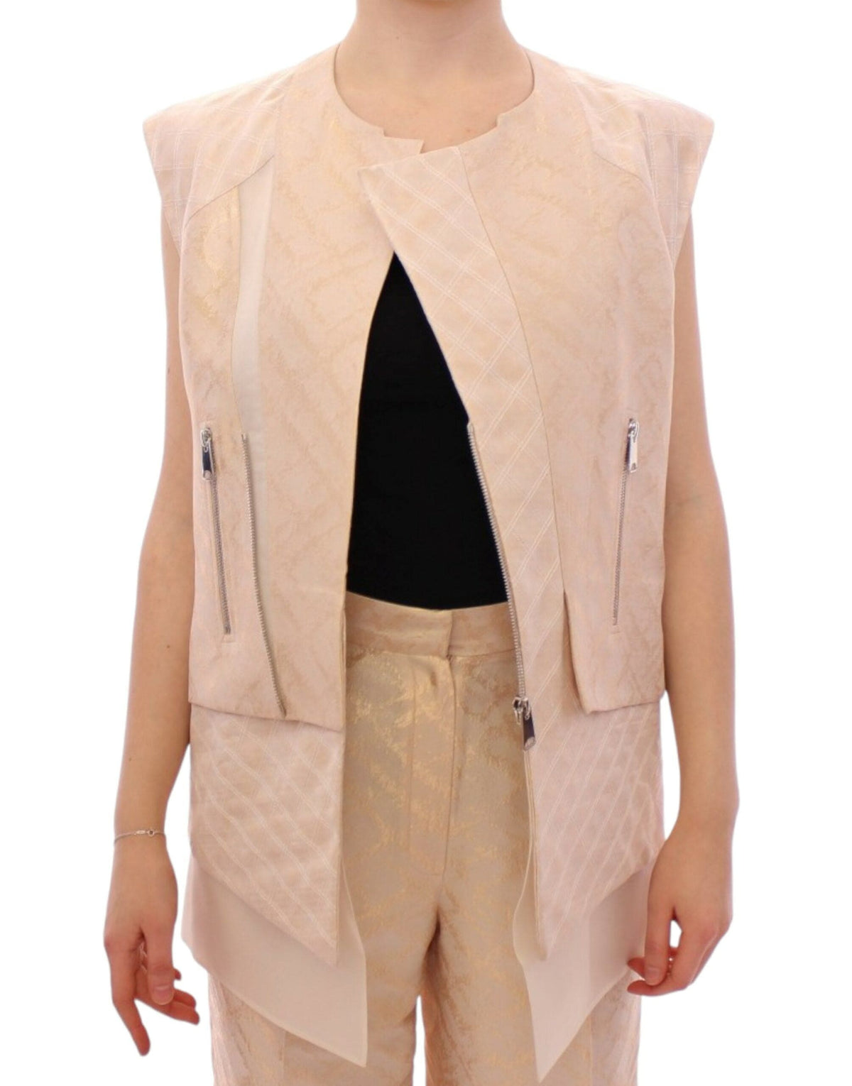 Chaqueta sin mangas con brocado beige exquisito de Zeyneptosun