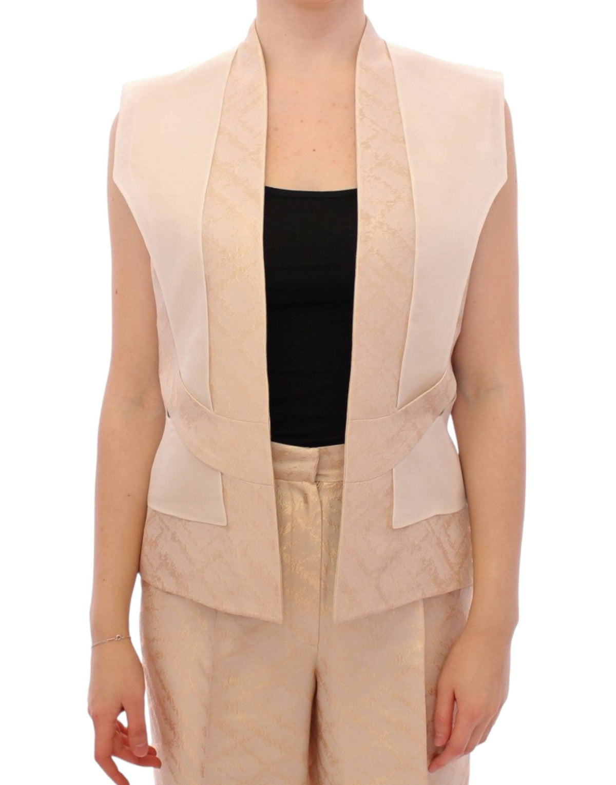 Gilet sans manches en brocart beige exclusif de Zeyneptosun