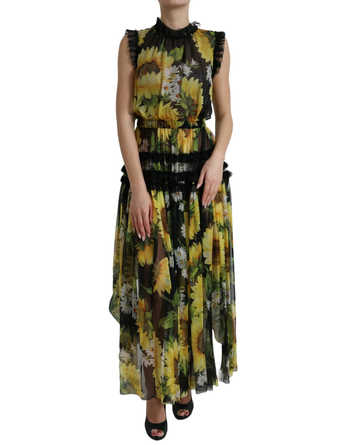 Robe longue élégante en soie à imprimé tournesol Dolce &amp; Gabbana