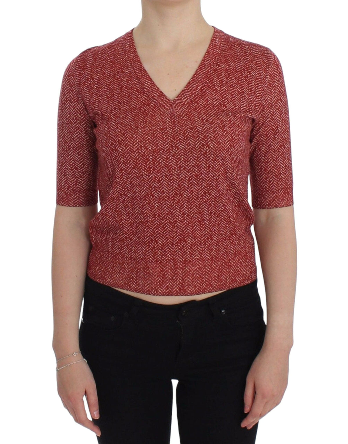 Pull col V en tweed rouge enchanteur Dolce &amp; Gabbana