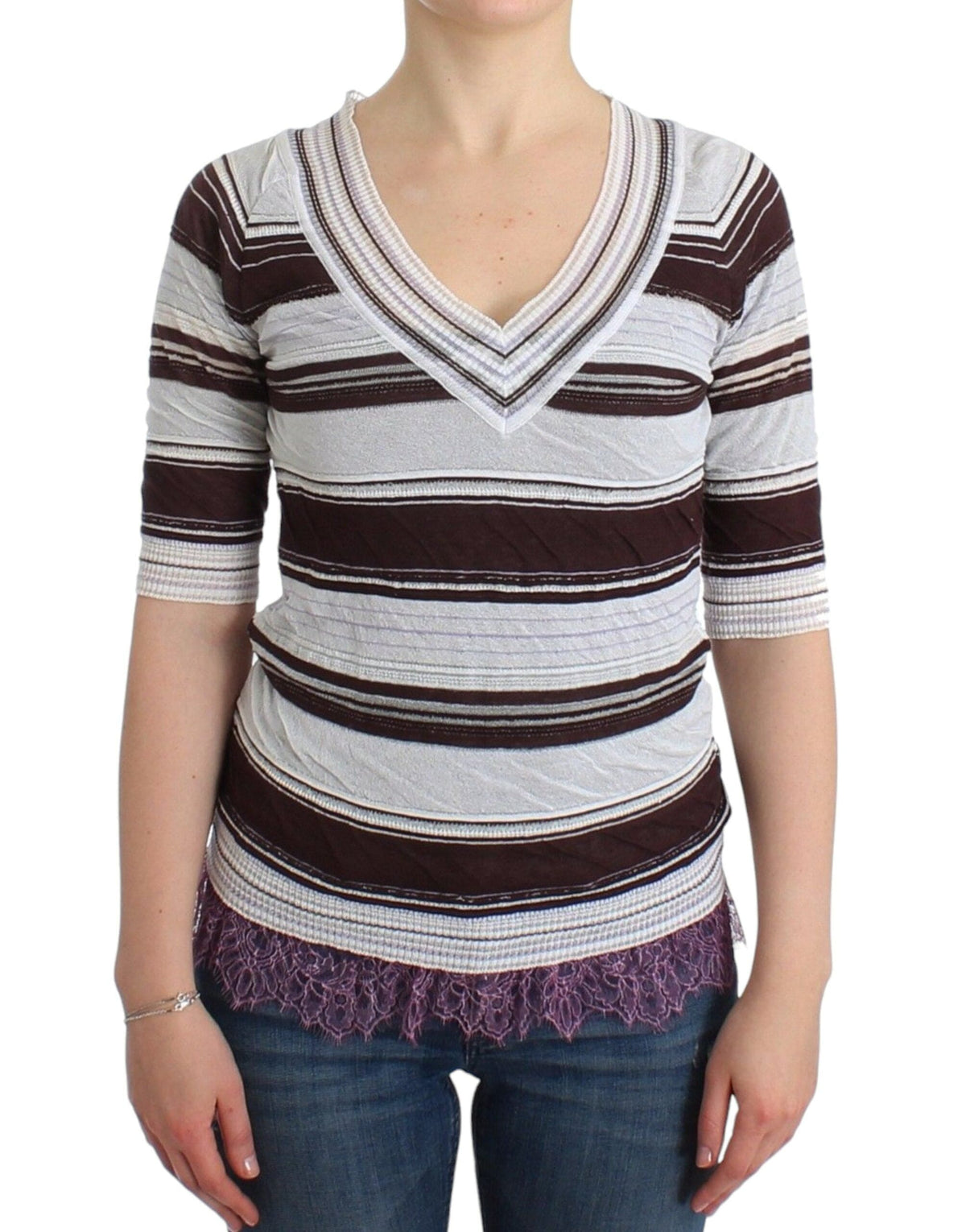 Ermanno Scervino Striped V-Neck Knit Top with Lace Hem