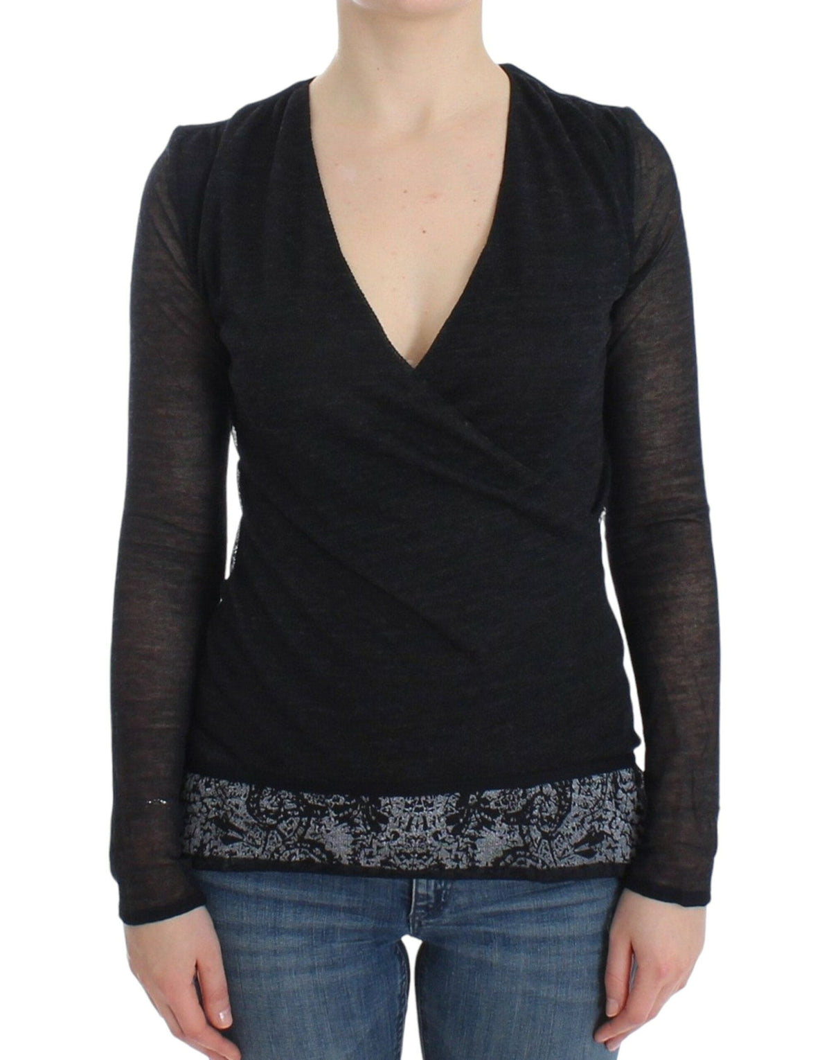 Pull en laine mélangée noire à col en V profond Ermanno Scervino