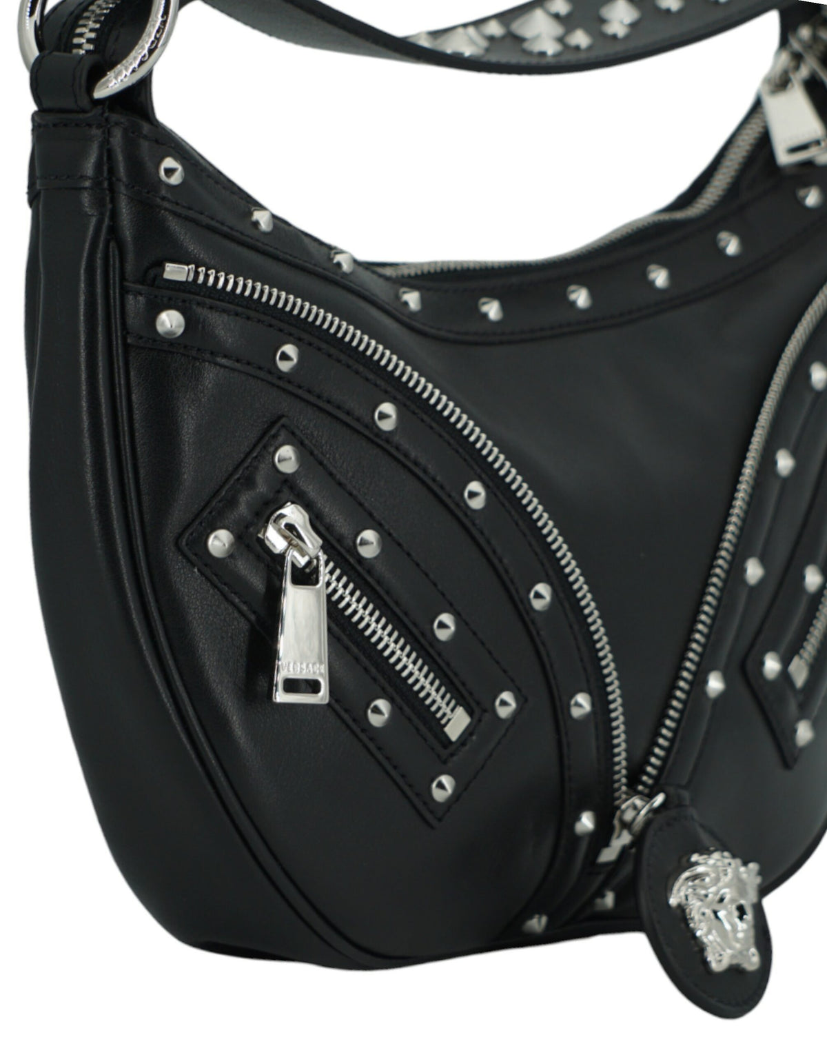 Bolso de hombro elegante tipo hobo de cuero negro de Versace