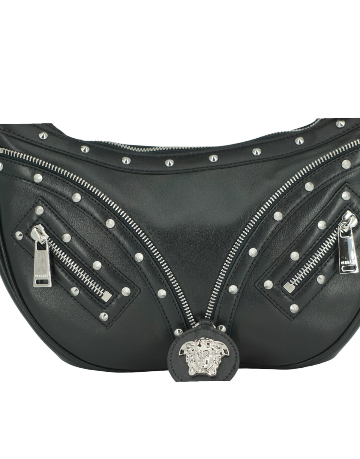 Bolso de hombro elegante tipo hobo de cuero negro de Versace