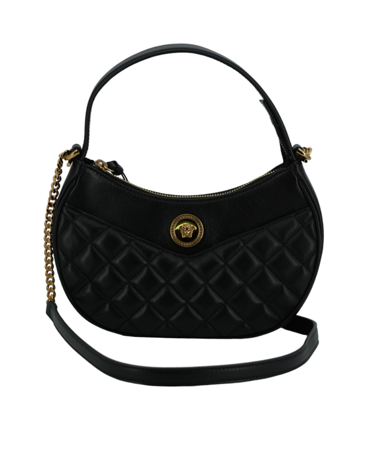 Elegante bolso de hombro de piel con forma de media luna de Versace