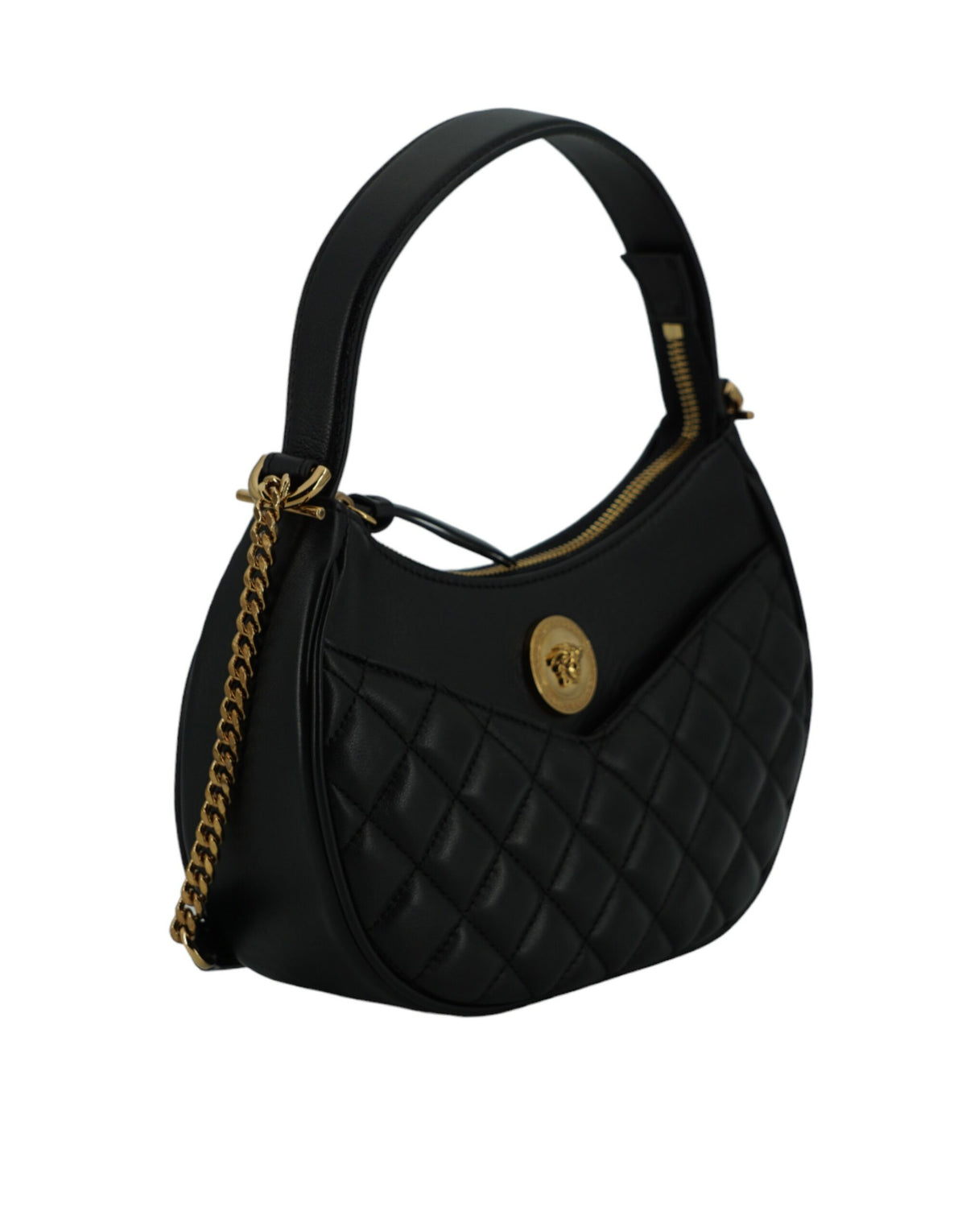 Elegante bolso de hombro de piel con forma de media luna de Versace