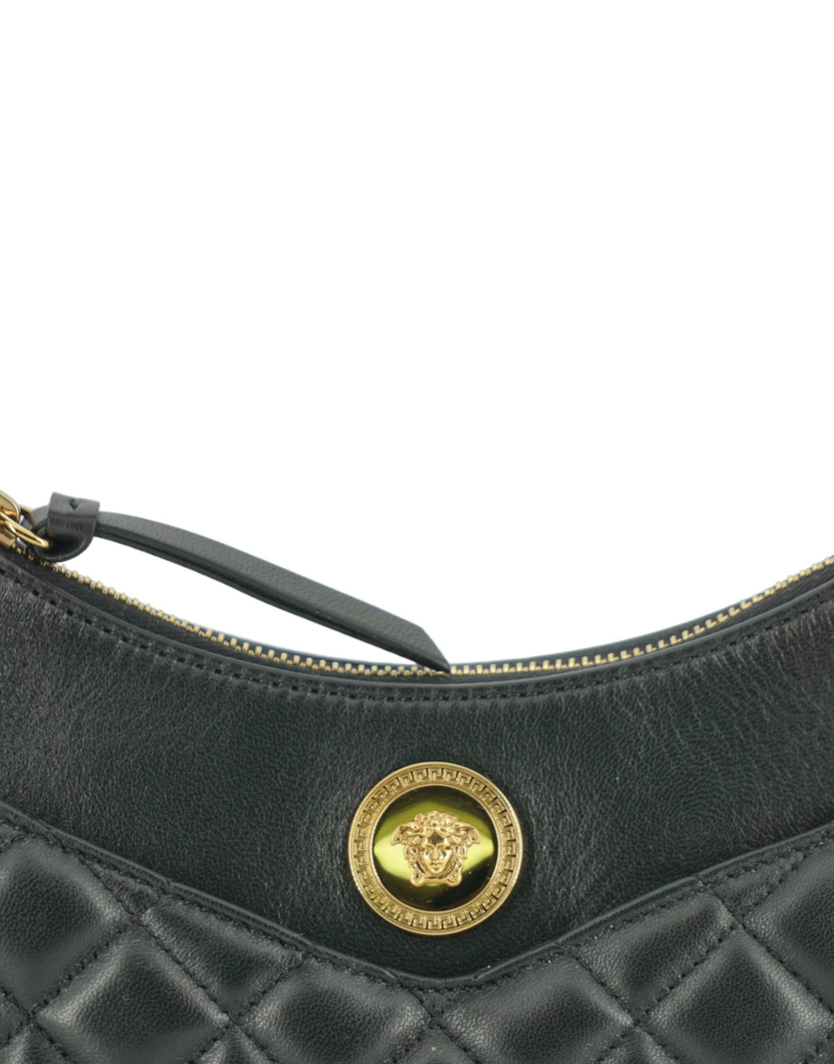 Elegante bolso de hombro de piel con forma de media luna de Versace