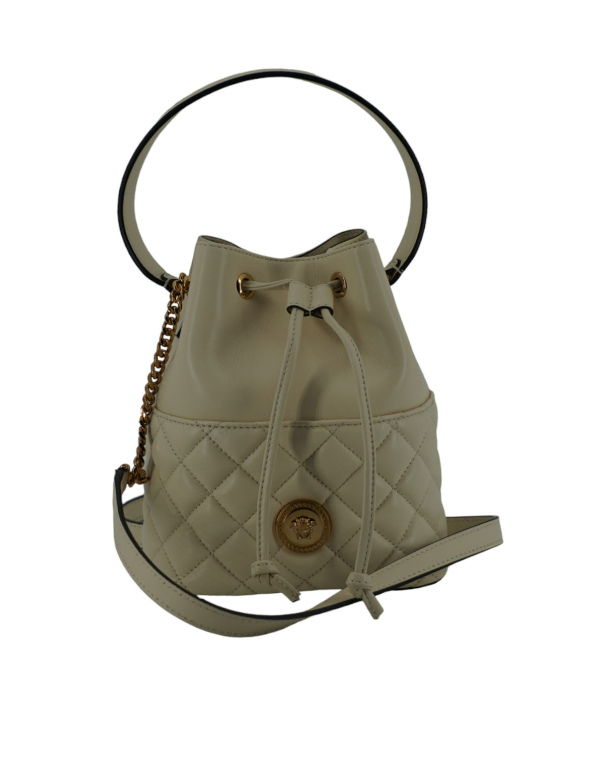 Sac seau élégant en cuir blanc de petite taille Versace