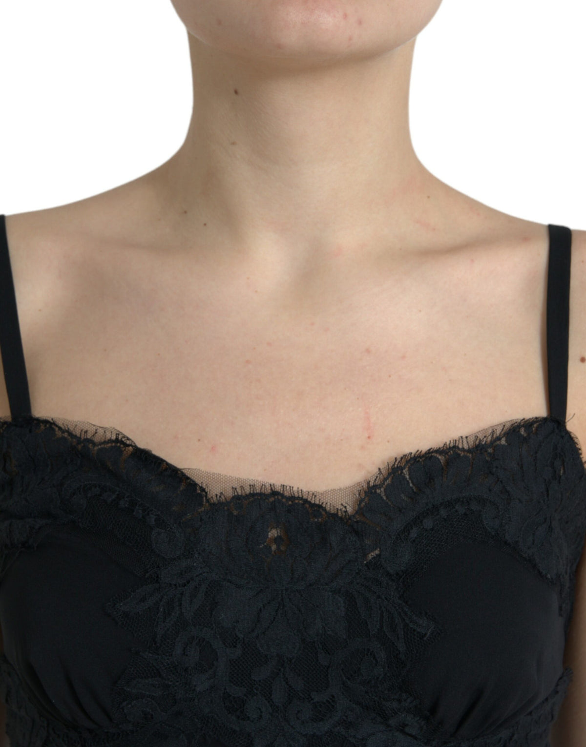 Elegante camiseta sin mangas con encaje de seda negra de Dolce &amp; Gabbana