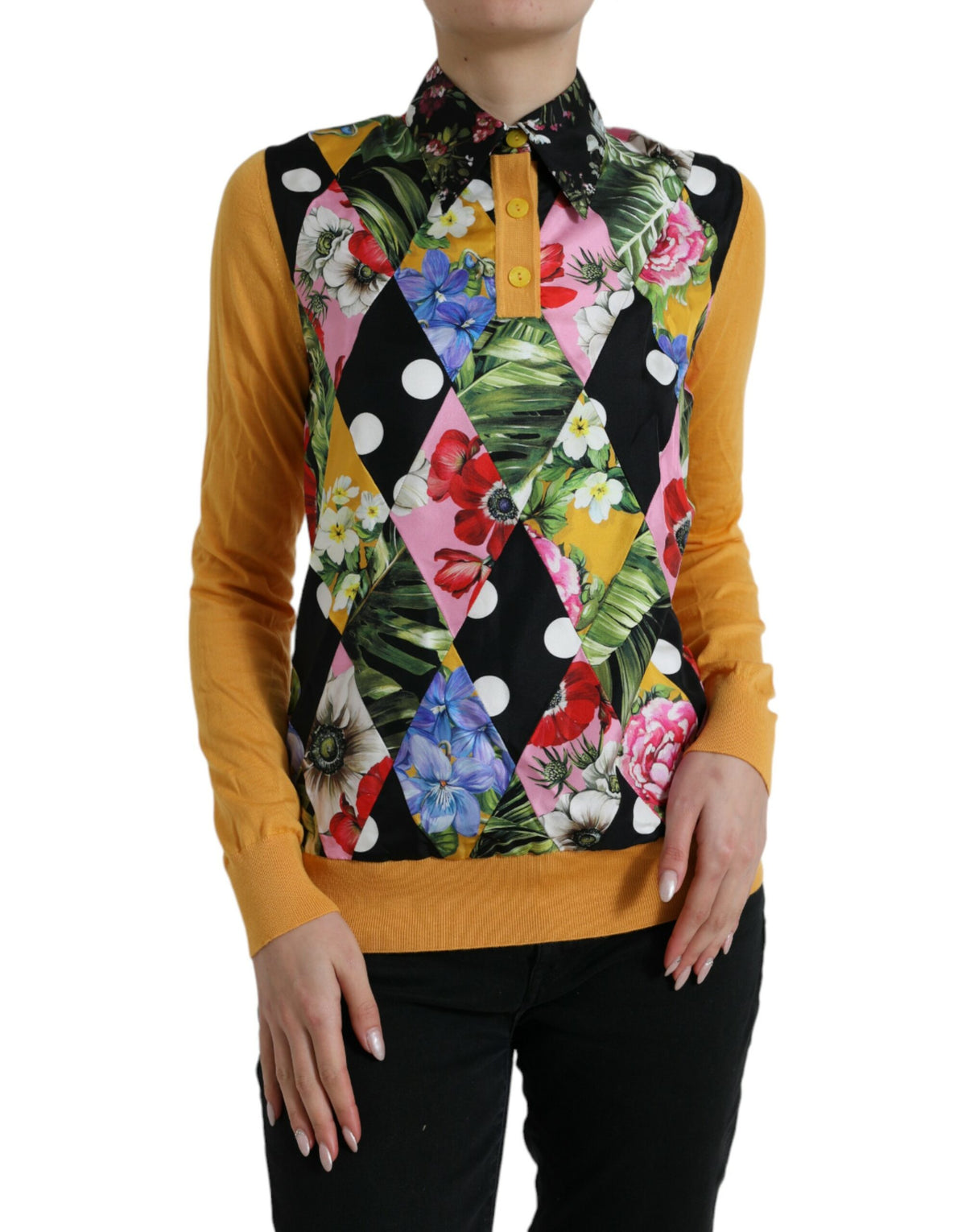 Pull élégant en soie mélangée à motif patchwork Henley de Dolce &amp; Gabbana