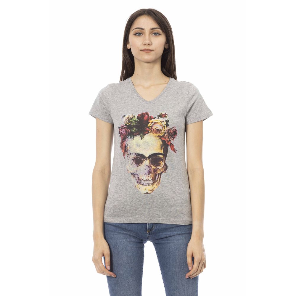 Elegante camiseta gris con cuello en V y estampado frontal Trussardi Action