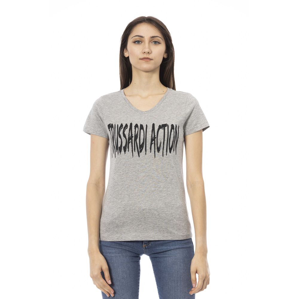 Elegante camiseta gris con cuello en V y estampado elegante de Trussardi Action