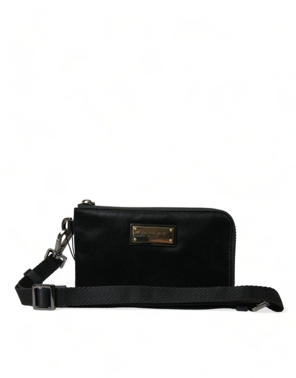 Pochette élégante en cuir et nylon noir Dolce &amp; Gabbana avec détails argentés