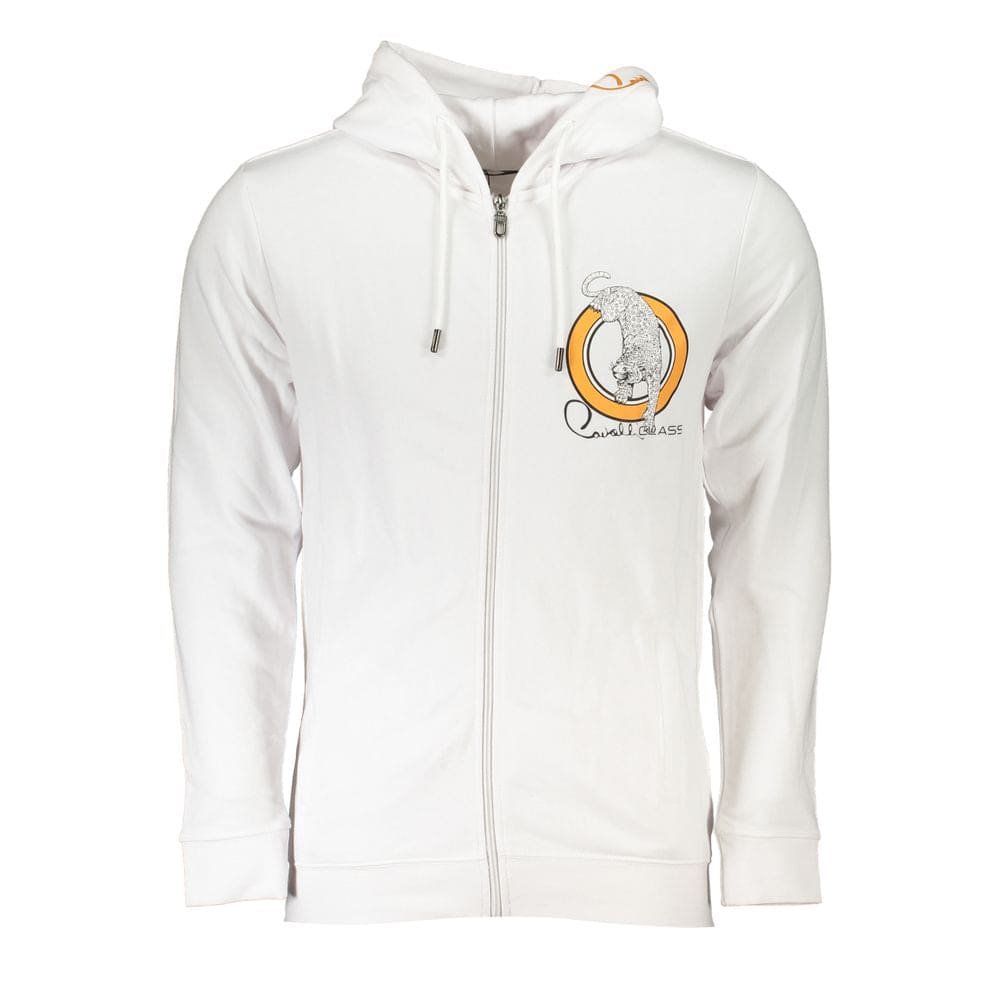 Cavalli Class Sleek White Designer Hoodie with Zip Detail