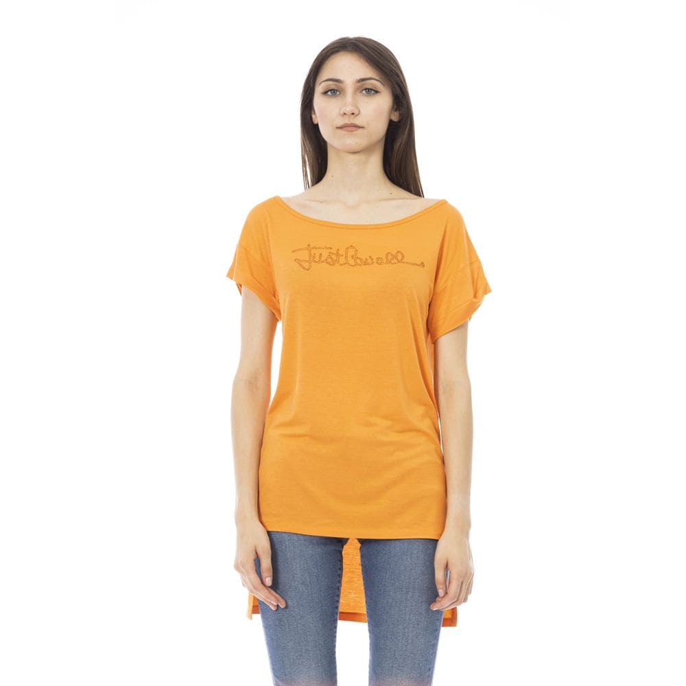 Camiseta elegante con logo de diamantes de imitación en color naranja de Just Cavalli