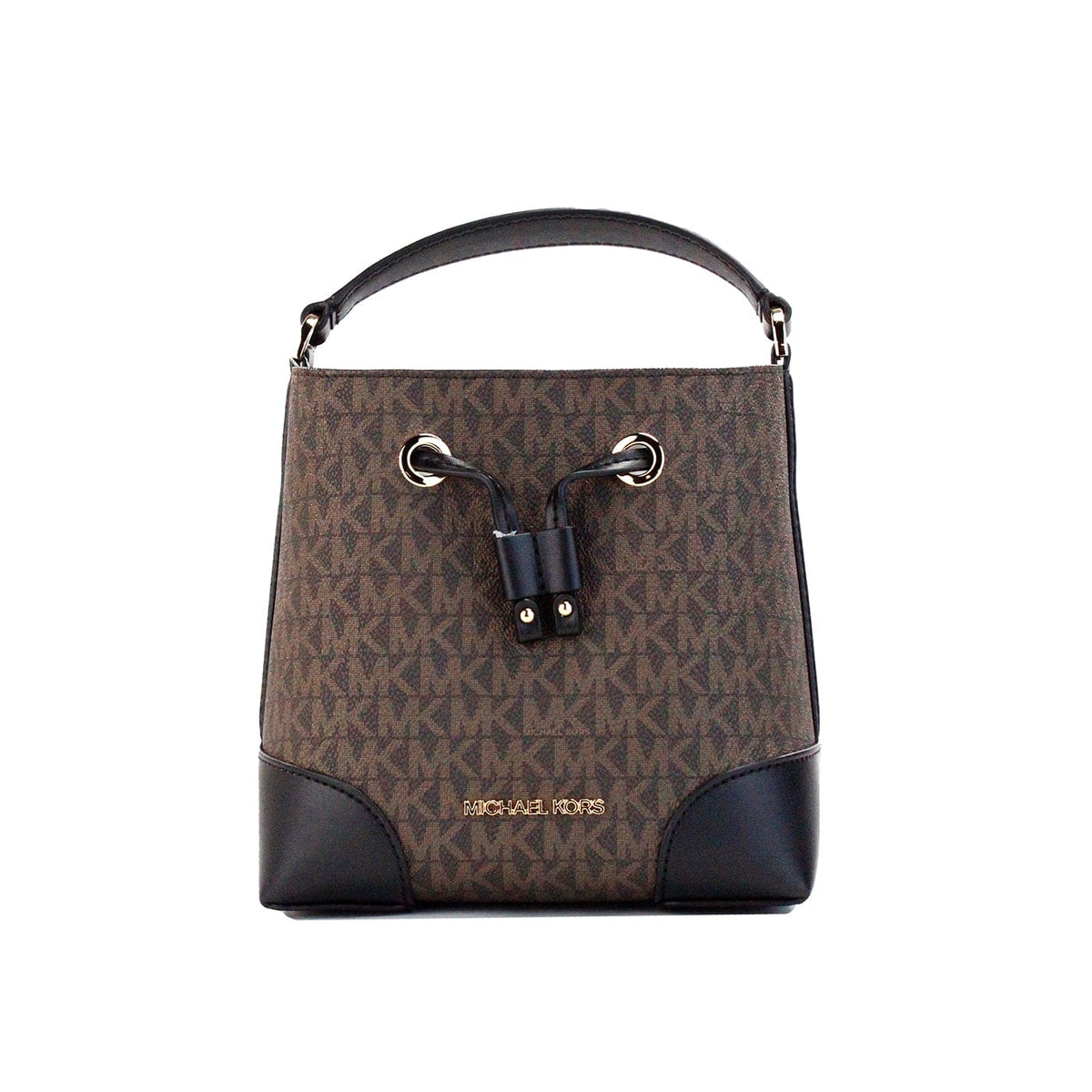 Sac seau à bandoulière Michael Kors Mercer en cuir marron et noir Signature Small