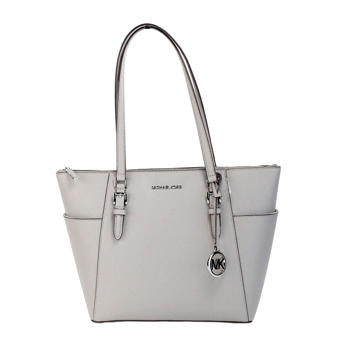 Sac fourre-tout Michael Kors Charlotte Pearl Grey en cuir de grande taille avec fermeture éclair sur le dessus