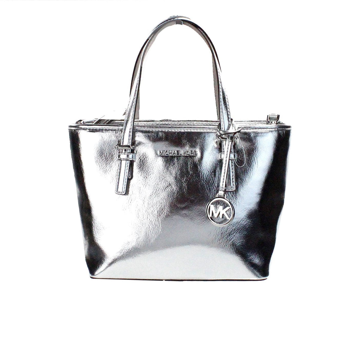 Sac fourre-tout Michael Kors Jet Set Silver Metallic XS Carryall avec fermeture éclair sur le dessus