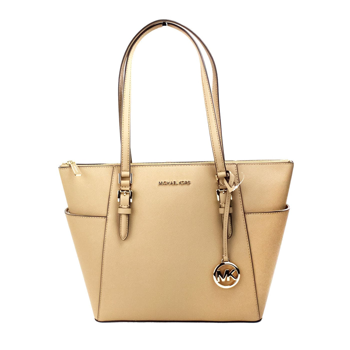 Sac fourre-tout Michael Kors Charlotte Camel en cuir de grande taille avec fermeture éclair sur le dessus