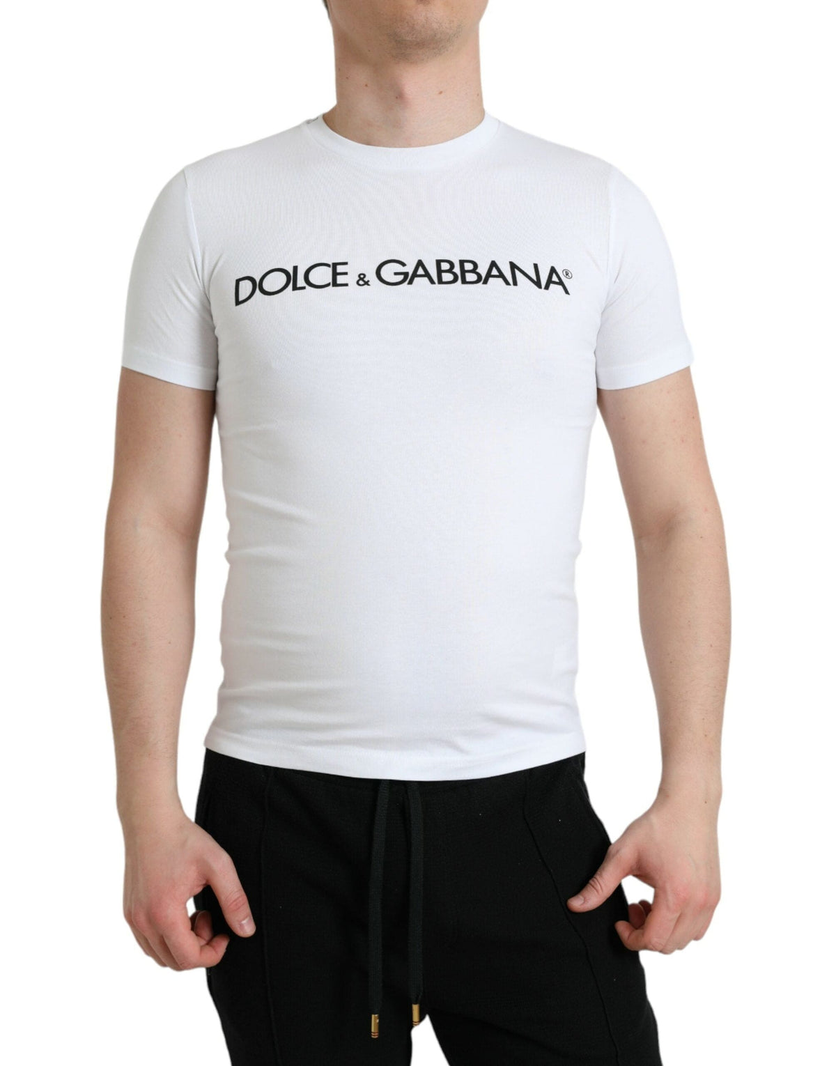 Camiseta elegante de cuello redondo con logotipo blanco de Dolce &amp; Gabbana