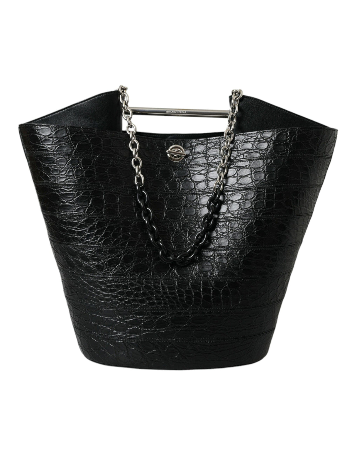 Bolso tipo cubo largo elegante de piel de cocodrilo negra de Balenciaga