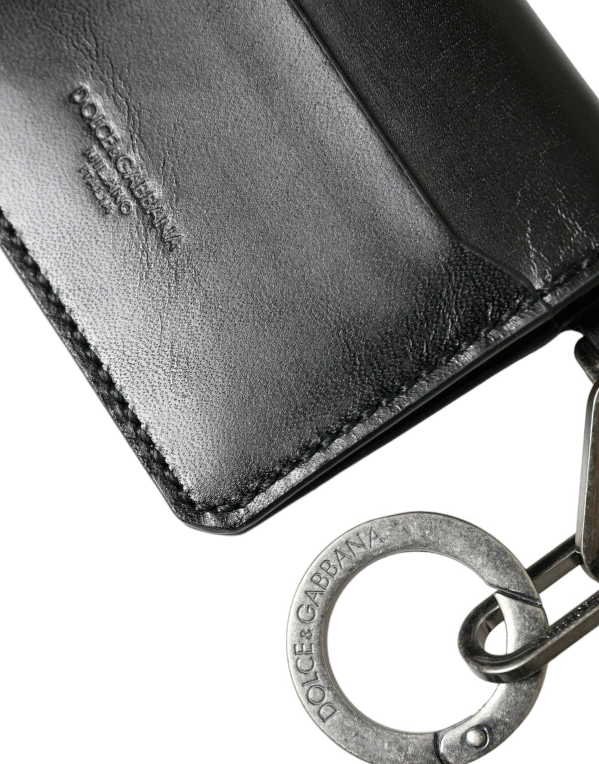 Porte-cartes à deux volets en cuir noir Dolce &amp; Gabbana avec porte-clés et logo