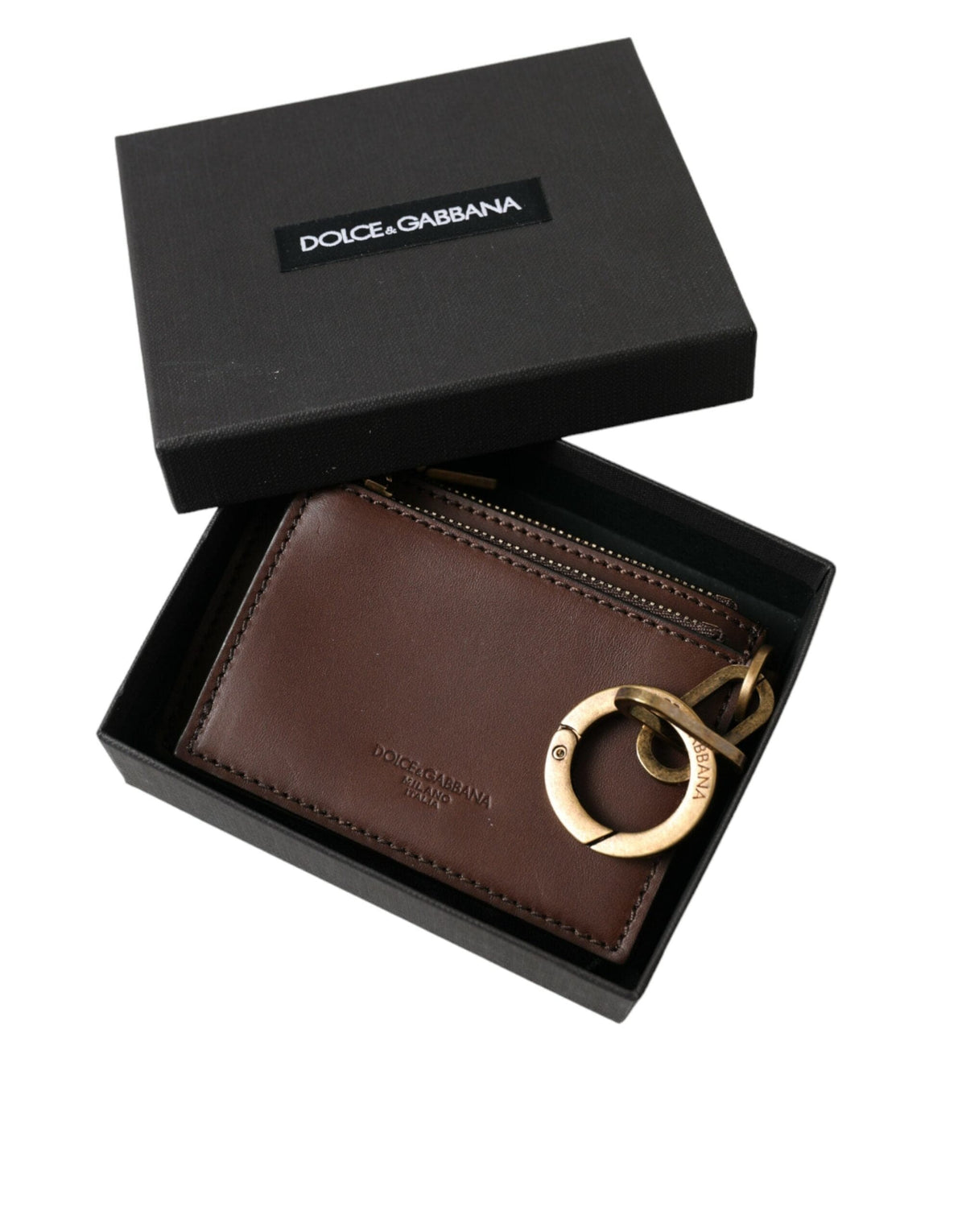 Porte-clés porte-monnaie porte-clés porte-monnaie zippé en cuir marron Dolce &amp; Gabbana