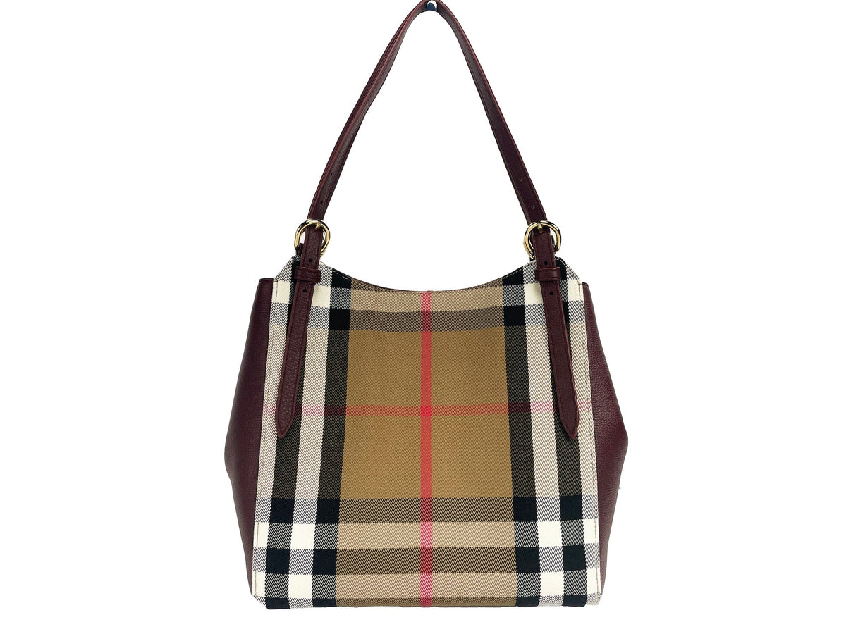 Sac fourre-tout Burberry Canterby Small en cuir acajou et toile à carreaux