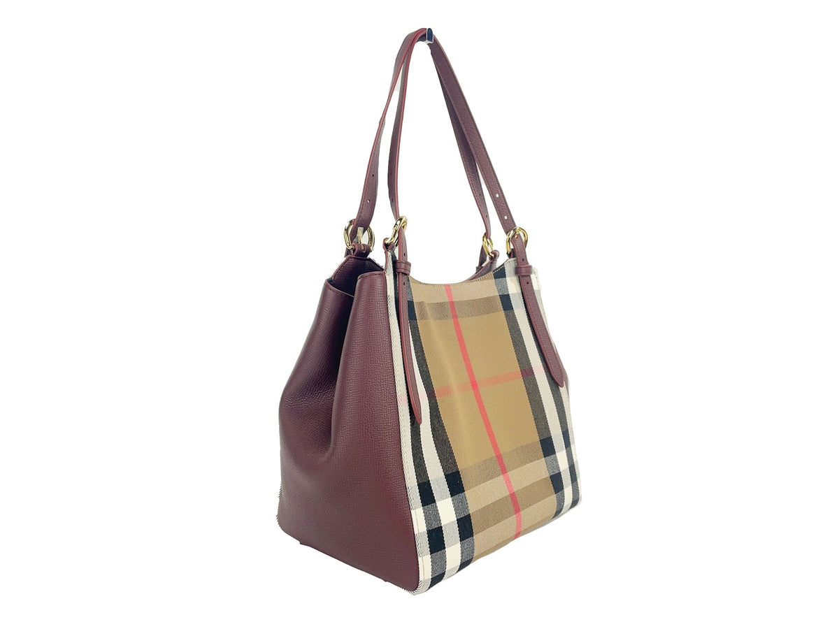 Sac fourre-tout Burberry Canterby Small en cuir acajou et toile à carreaux