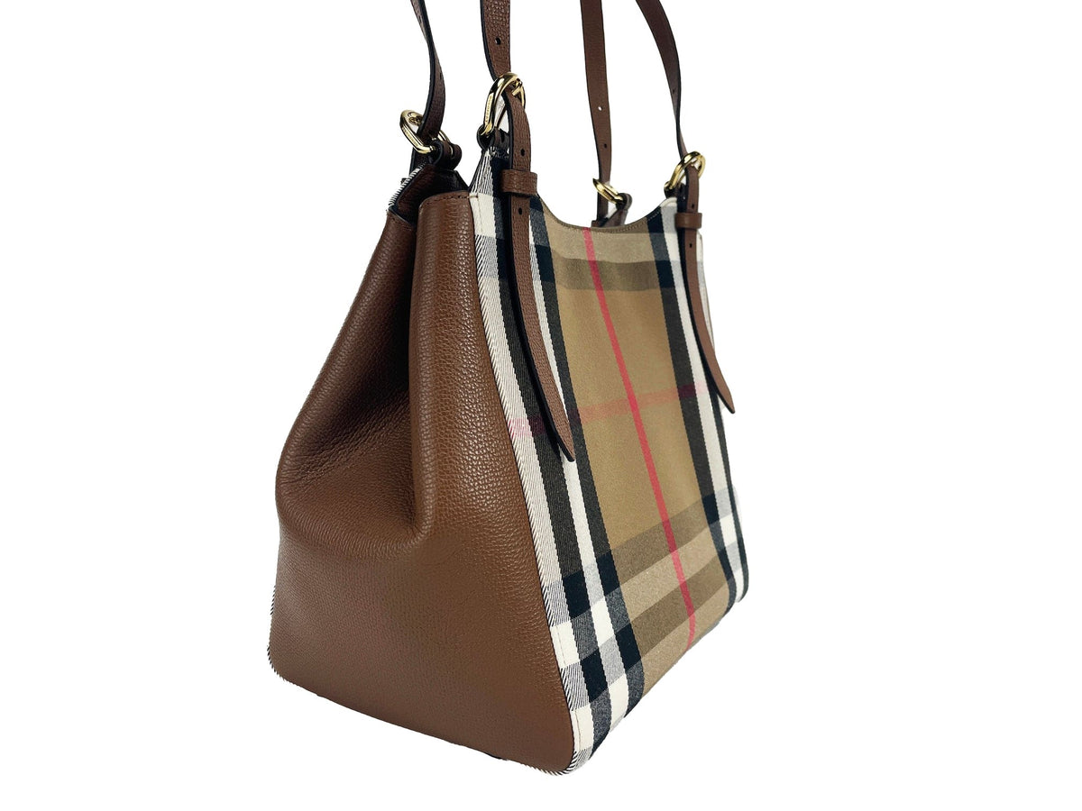 Petit sac fourre-tout Burberry Canterby en cuir marron et toile à carreaux