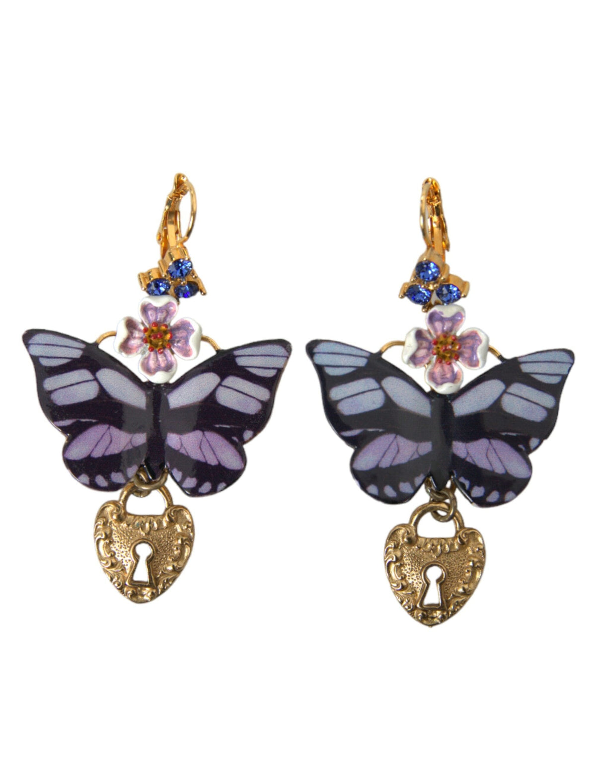 Boucles d'oreilles Dolce &amp; Gabbana en or et cristal violet avec médaillon en forme de cœur et papillon