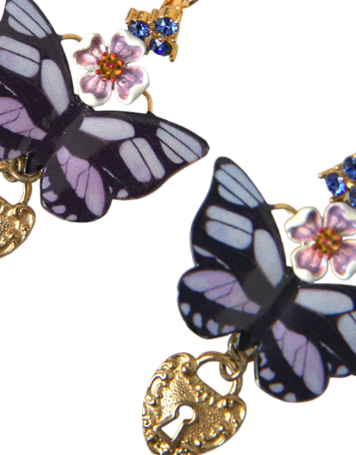 Boucles d'oreilles Dolce &amp; Gabbana en or et cristal violet avec médaillon en forme de cœur et papillon