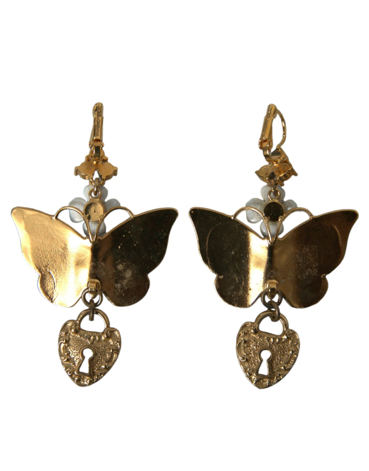 Boucles d'oreilles Dolce &amp; Gabbana en or et cristal violet avec médaillon en forme de cœur et papillon